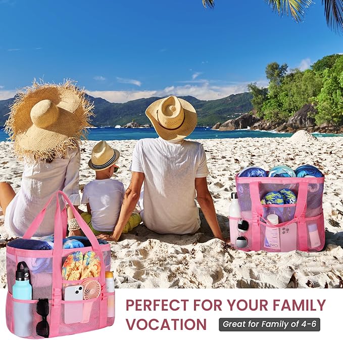 Tavaleu Mesh Beach Bag - Large Beach Tote with Multi Functional Pockets for Family Travel/Vacation
