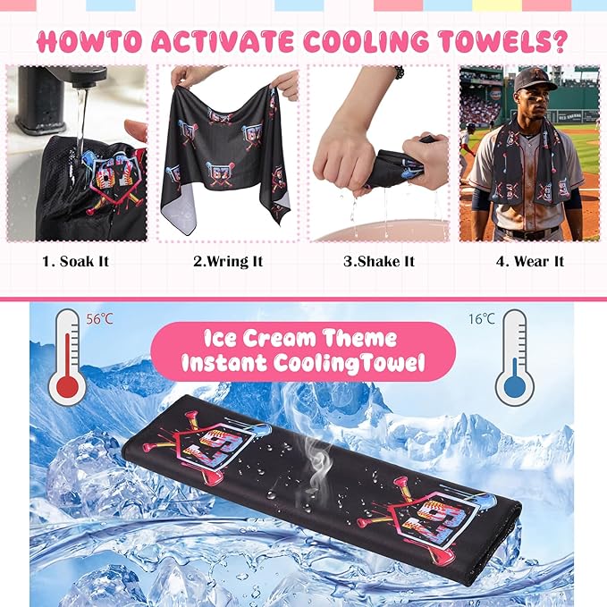 12 Pcs Six Seven Ice Cream Drip Cooling Towel 40"x12" Swim Pool Towel Cooling Baseball Softball Team Gift Youth Gift for Hot Weather Workout Gym Sport Party Favors(67 Baseball)