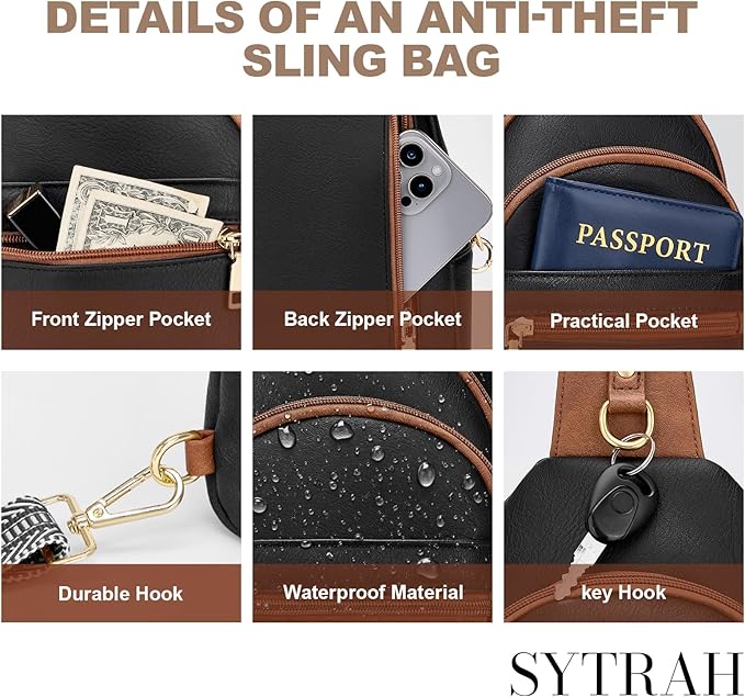 Anti Theft Crossbody Bags for Women, RFID Sling Bag Travel Purse, RFID Cross Body Purses Chest Bag for Travel Black Brown