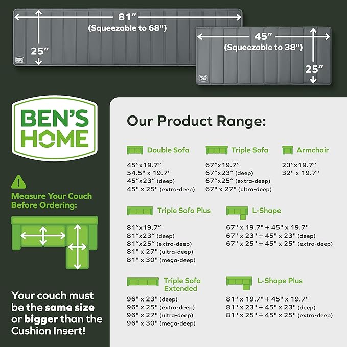 BEN'SHOME® Heavy Duty Sectional Couch Support Board for Sagging Sofas | Fits 81"+45", 25" Seat Depth | Protects Your Back from Sinking Seats | 0.5" Solid Wood, 400 LBS, Lifetime Replacement