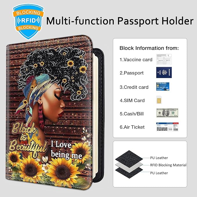 Passport Holder Women Wallet with Luggage Tag, Leather Passport Cover with RFID Blocking, Travel Accessories Multi Card Slot Passport Case for Men，African American Girl Sunflower
