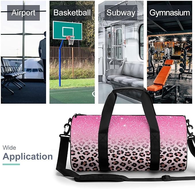 Weekender Carry on Beach Yoga Overnight Luggage Bag Gym Sports Travel Workout Bag Overnight Bags (Pink Glitter Sparkles Cheetah Leopard Print)