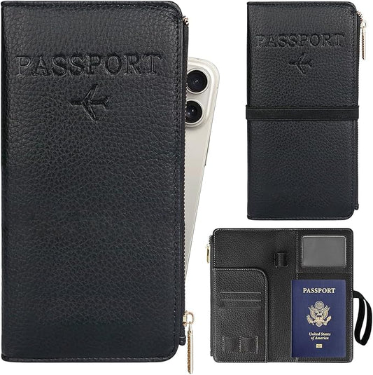 TIGARI Leather Passport Holder, RFID Blocking Wallet for Women, Zipper Pocket Card Slots, Travel Document Organizer (Black)