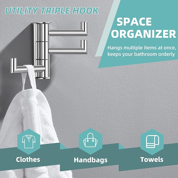 APLusee Polished Chrome Swivel Towel Hook for Bathroom, Heavy Duty 304 Stainless Steel Bathroom Wall Hook with Multi 3 Arms, Wall Mounted Towel Hanger for Kitchen Garage