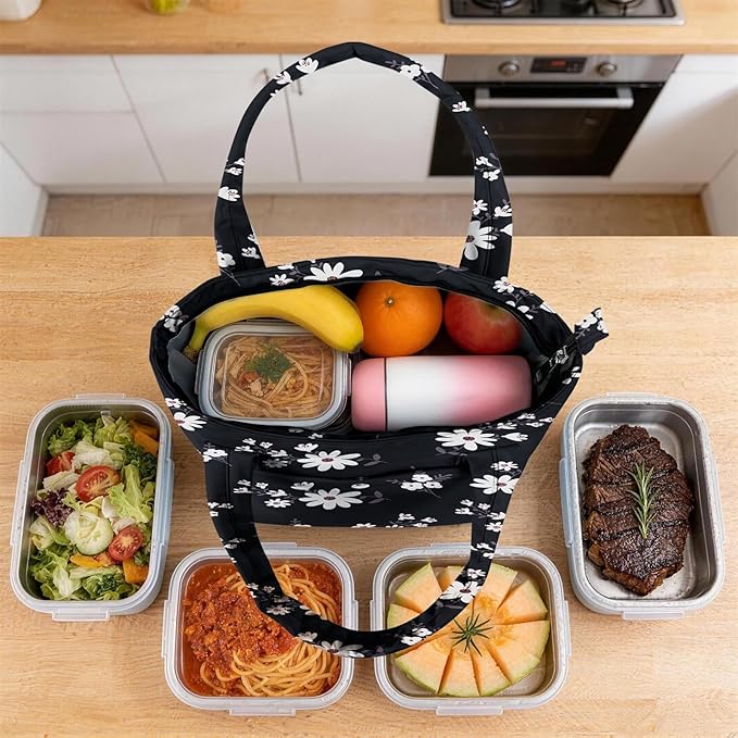 Tote Lunch Bag Women Stylish Quilted Lunch Boxes for Adult Fit and Fresh Cooler Insulated Lunchbox for Work Large 10 Liters Cute Compact Lunchbag Waterproof Black Floral