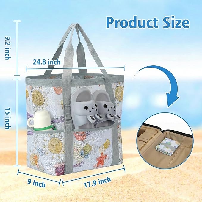 Mesh Beach Bags for Women - Family Beach Tote Bag for Toys, Towels, Travel Vacation Cruise Essentials