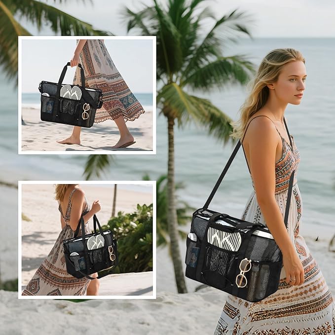 Mesh Beach Bag, Foldable Extra Large Beach Bags with Zipper Pool Bag with Portable Phone Pouch for Vacation Pool