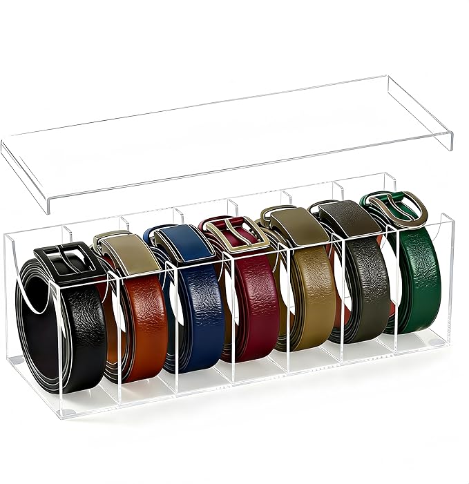 Belt Organizer, Acrylic Belt Storage Holder for Closet Drawer with 7 Compartments, Belt Holder Organizer with Dust Cover Box Holder, Clear Belts Display Case for Watch, Jewelry, Socks