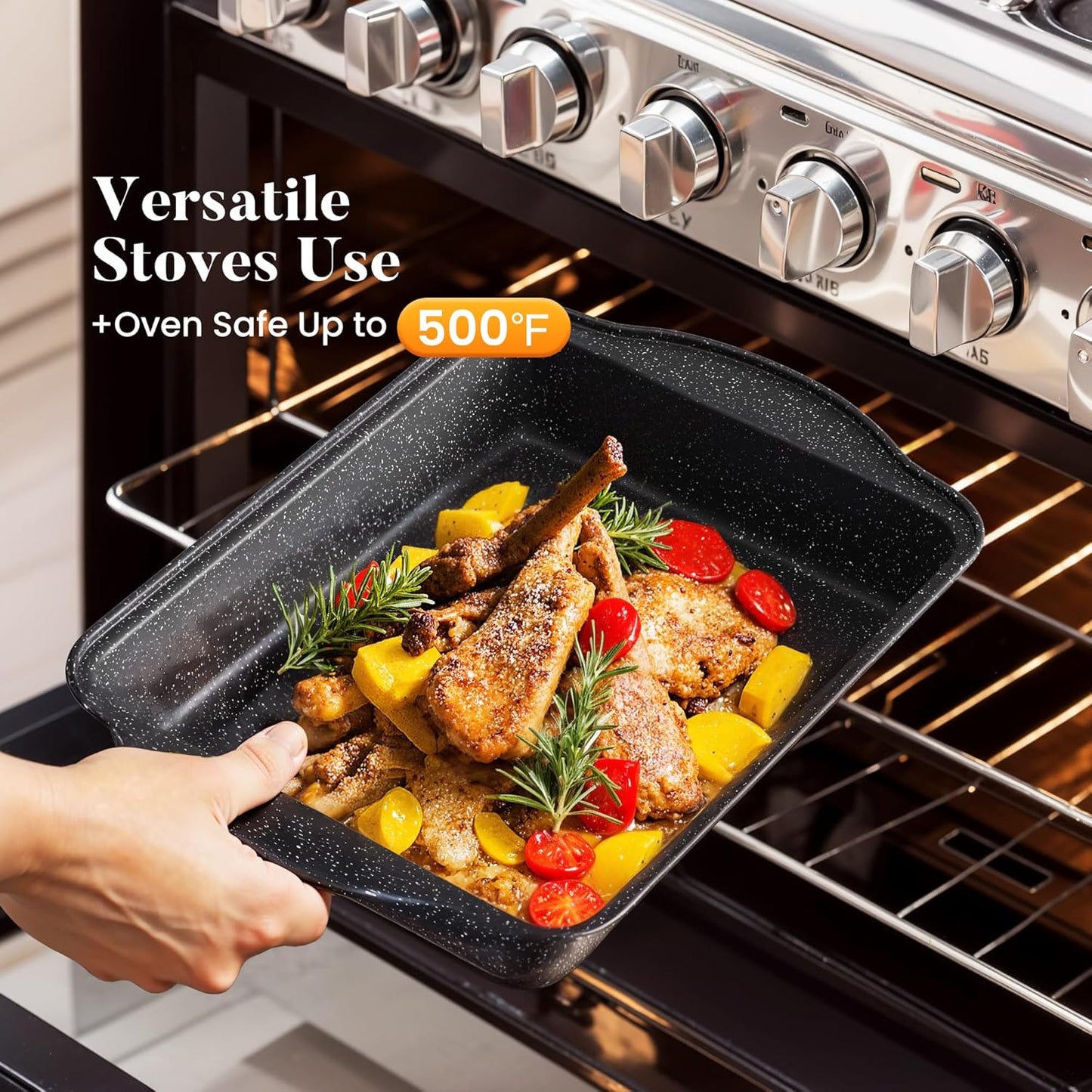 Kitchen Academy Induction Cookware Set-17 Piece Non-stick Cooking Pan Set, Black Granite Pots and Pans Set