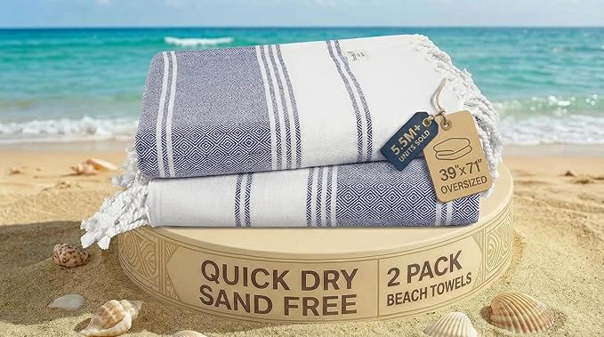 LANE LINEN Beach Towel 2 Pack - Beach Towels Oversized, Pre-Washed Large Beach Towels, Sandless Beach Towel, Quick Dry Travel Towel, Large Pool Towels, 39"x71" - Navy Blazer