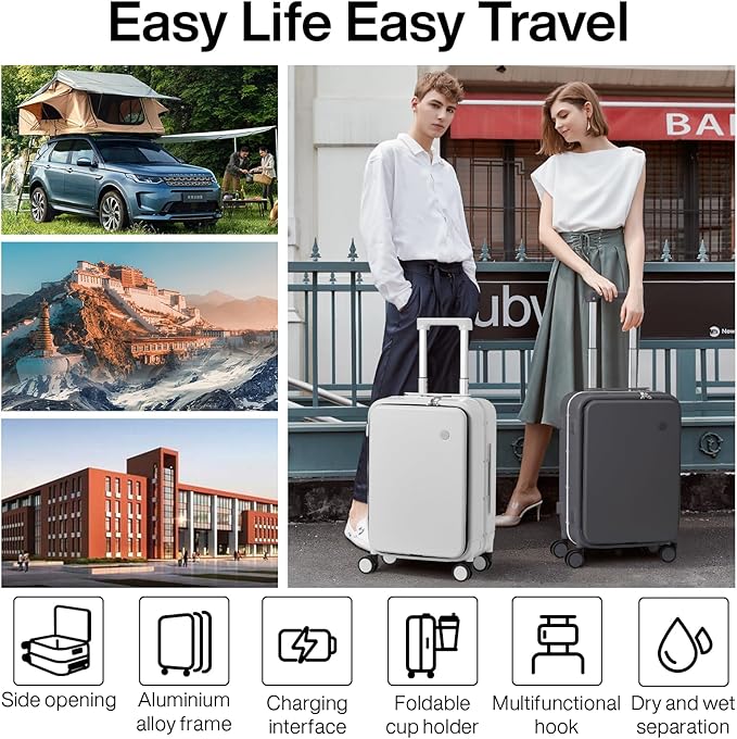 mixi Checked Luggage with Cup Phone Holder and Charger Hard Shell Suitcases with Spinner Wheels, 24 Inch Rock Gray