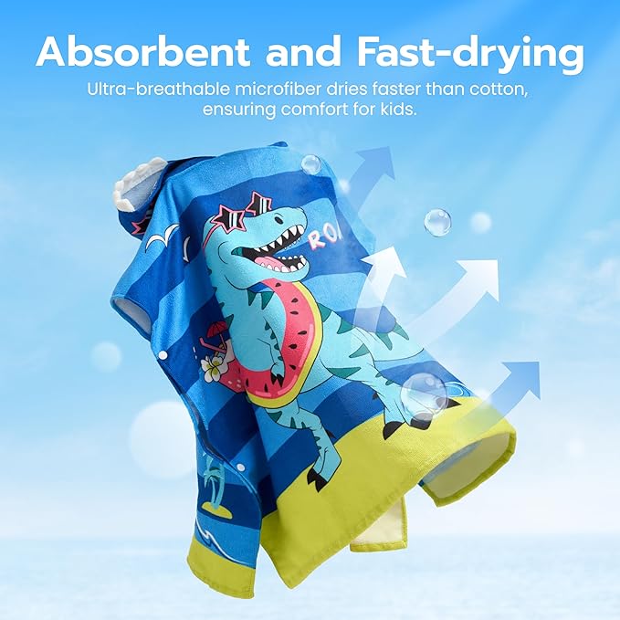 Joiedomi Kids Beach Towels with Hood for Boys Blue Dinosaur Hooded Toddler Bath Towel Quick Dry Soft Microfiber 30"x30"
