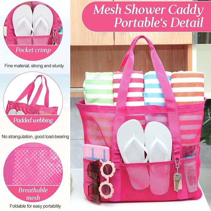 Hillban Large Beach Mesh Bags Bulk for Women Beach Tote Bag with 8 Pocket Zipper Waterproof Sandproof for Pool Cruise Ship