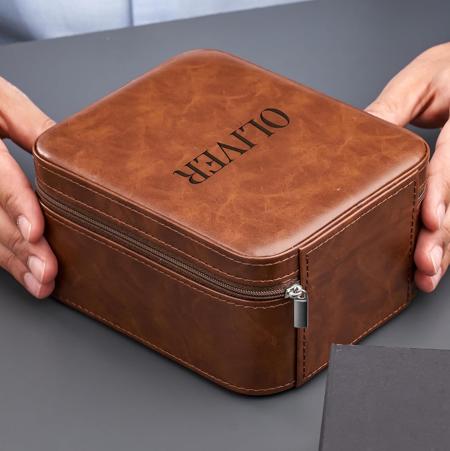 Awesometik Luxury Travel PU Leather Watch Case. Watch Storage Organizer. Watch Display & Watch Holder. Perfect For Watch Collection. Ready to Gift for Men (Brown/Brown, Engraved 2 Slot Watch Case)