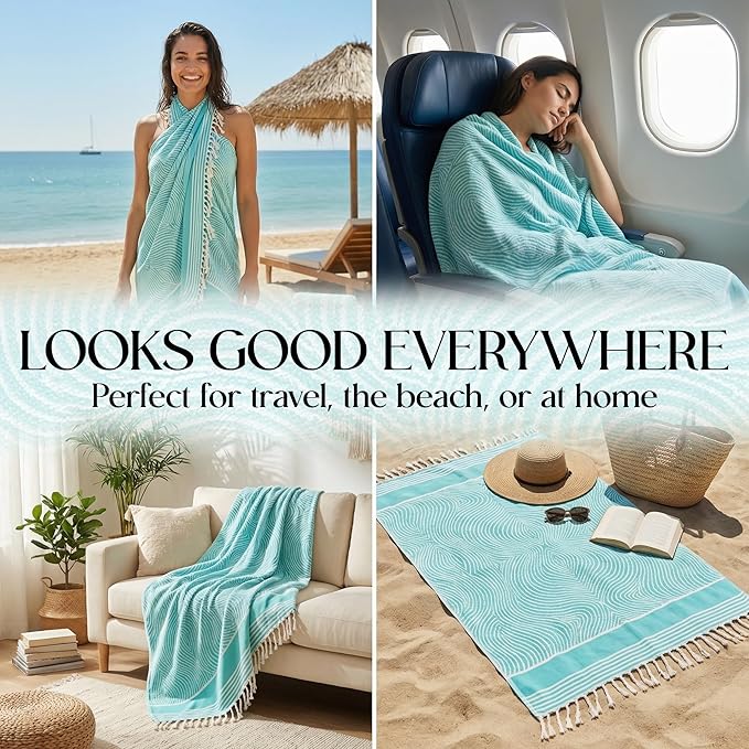 DECOLURE Turkish Beach Towel Oversized 39x73 Inch - 100% Turkish Cotton, Quick Dry and Sand Free Beach Towels for Travel - Lightweight, Absorbent & Soft Peshtemal Towel - (Cyan Wave)