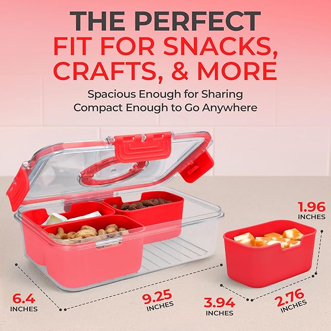 Snackle Box Container with Lid- Travel Charcuterie Box with Handle - Organizer for Candy, Fruit, Nuts, Veggies, Snacks, Beach Essentials, Portable Lunch Box (Red, Small)
