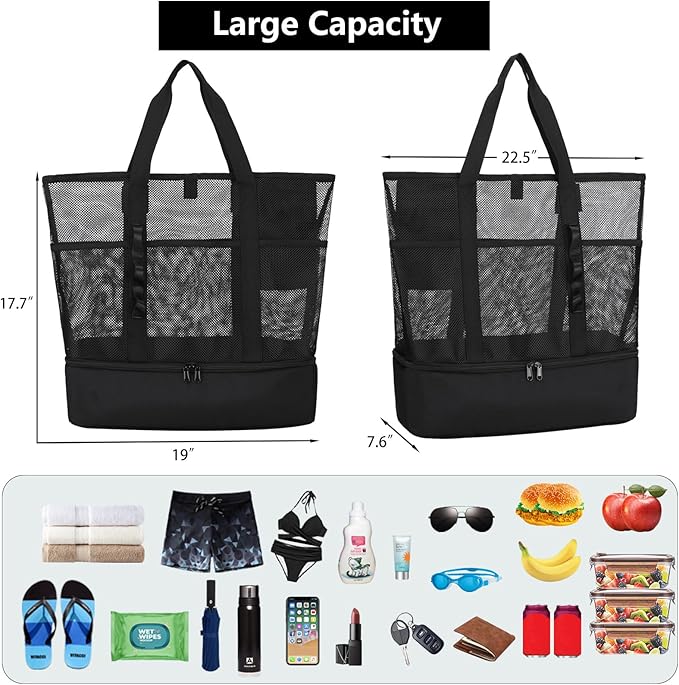 Beach Bag with Cooler,Mesh Beach Bags for Women Sandproof for Pool and Swimming Travel Daily with Durable 8 Pocket
