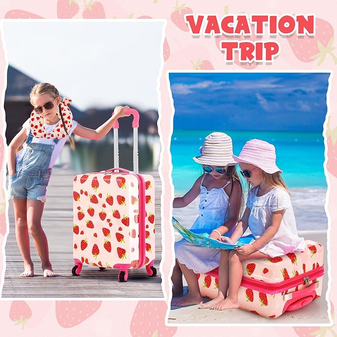 Sanwuta 4 Pcs Kids Luggage Set Rolling Suitcase Backpack U-shaped Pillow Kids Carry On Gift for Summer Travel Family Trip(17 Inch,Strawberry Style,Light Pink)