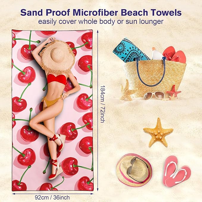 Cherry Pattern Beach Towel Extra Large 36" x 72", Thin Lightweight Microfiber Towels with Fruit Design, Sand Free and Quick Dry, Compact Bag