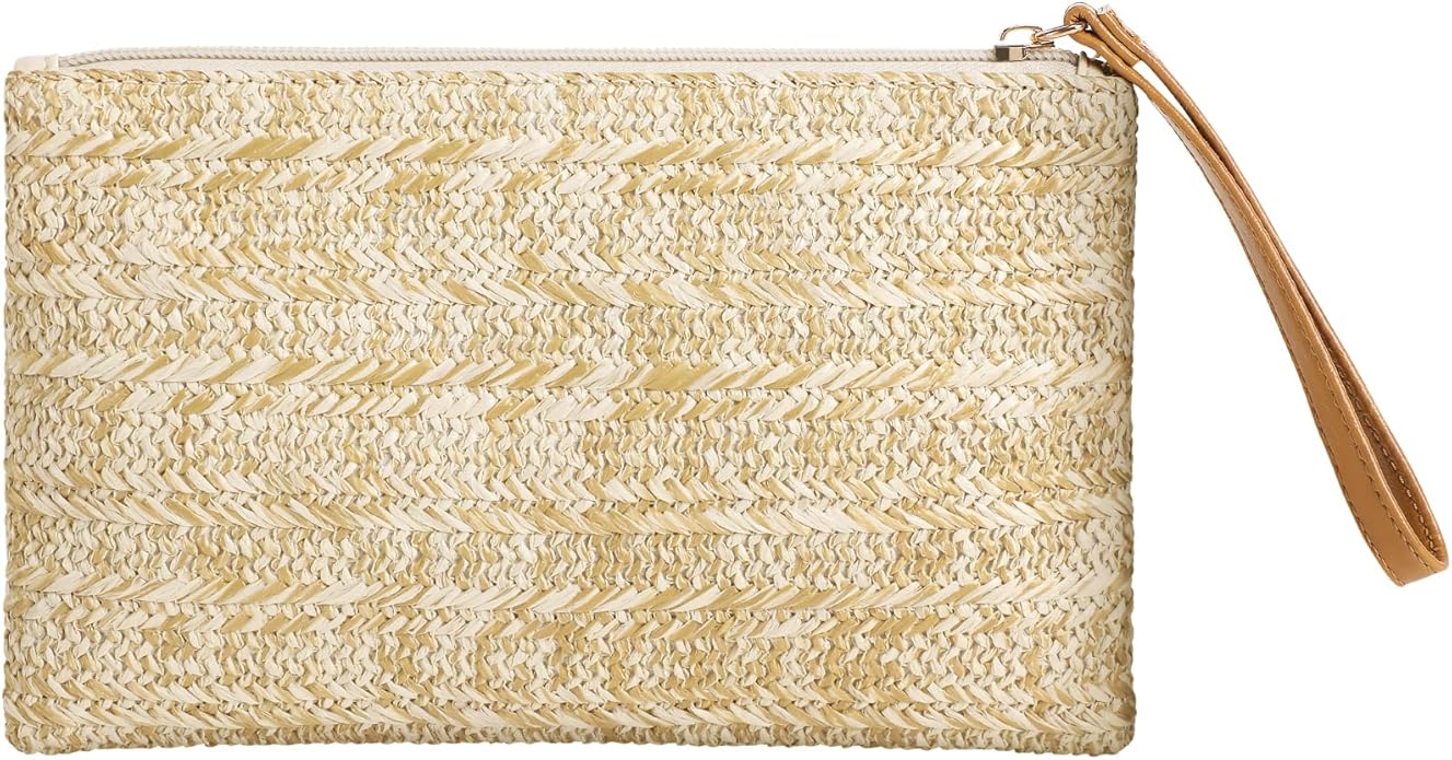 Clothirily Straw Purse Bag for Women Bohemian Handbag with Zipper Wristlet, Beach Clutch Womens Straw Clutch Purse for Summer