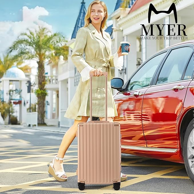 MYER Hard Shell Carry On Luggage 22x14x9 Airline Approved,20 Inch Aluminum Luggage with 100% 3-Layer PC,Carry On Suitcases with Wheels,Cup Holder and USB Port (Cornus Pink, 20 inch)