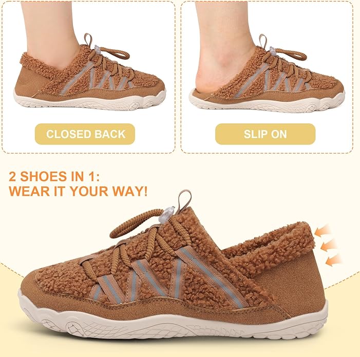 relxfeet Women's Wide Width Slippers Cozy Furry Barefoot House Shoes with Adjustable Fit Non-Slip Indoor Outdoor Slippers for Diabetic Bunion Swollen Feet Friendly