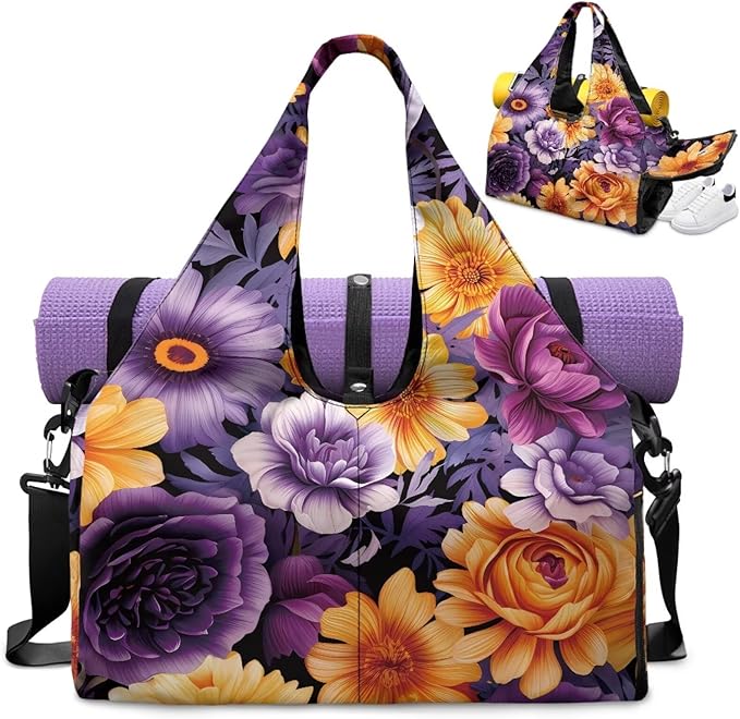 Purple Floral Womens Gym Bag with Shoe Compartment Lightweight Overnight Weekender Duffel Bag for Travel Sports Fitness Workout Yoga Mat Holder Organizer