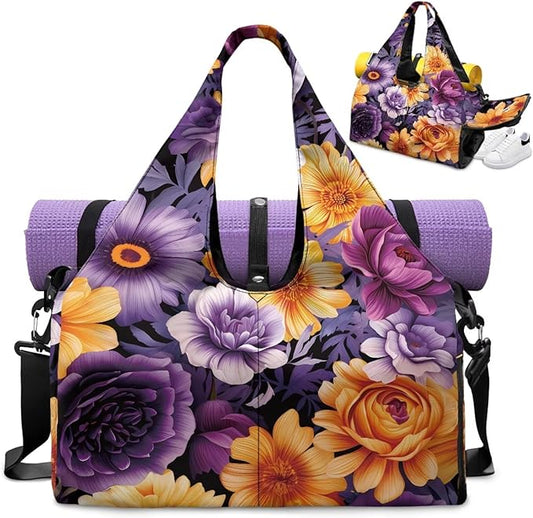 Purple Floral Womens Gym Bag with Shoe Compartment Lightweight Overnight Weekender Duffel Bag for Travel Sports Fitness Workout Yoga Mat Holder Organizer