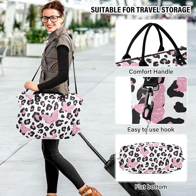 Travel Duffle Bag, Leopard Butterfly Gym Bag with Storage Bag Weekender Overnight Bag for Men Women Trip Sports Yoga