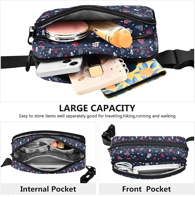 American Patriotic Star Heart Dog Paw Fanny Pack for Women Men Water Resistant Fashion Waist Packs with Adjustable Strap Belt Bag for Travel Workout Jogging Hiking 21219446