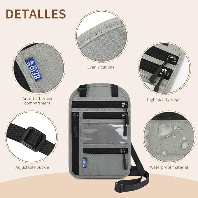 Passport Holder for Travel, RFID Travel Pouch Neck Wallet, Waterproof Passport Wallet for Women and Men, Gray