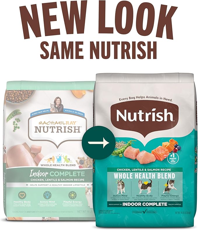 Nutrish Indoor Complete Chicken, Lentils & Salmon Recipe Dry Cat Food 14 lb. Bag, Packaging May Vary (Rachael Ray)