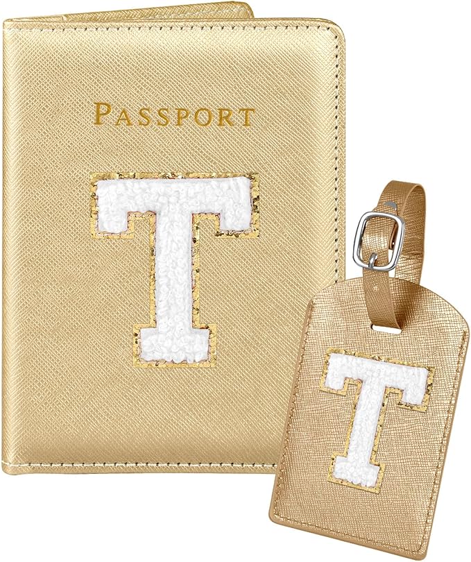 Slohif Passport Holder Initial Lugguage Tag Set Suitcase Cover Wallet Case for Travel Women - Leather Letter Passport Book Personalized Organizer Card Protector Sleeve Essentials Slim Carrier Gold T