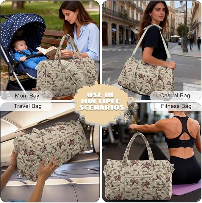 COEQINE Men Gym Bag for Travel Bag Quilted Duffel Bags for Men Mens, Large Packable Travel Bag with Western Horse Beige Printed