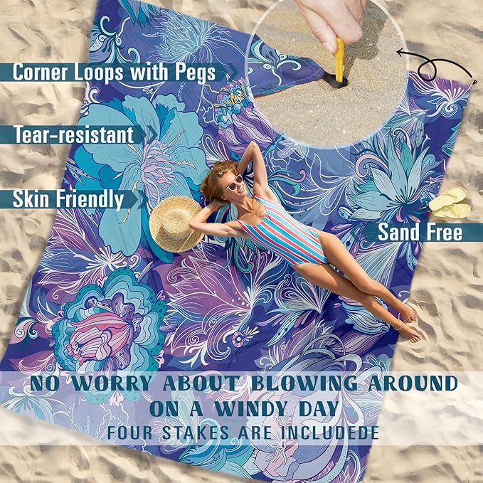 Beach Blanket Sandproof Waterproof 78''×110'' 1-7Adults Oversized,Compact Lightweight Durable Beach Mat for Travel Camping Hiking Picnic Blanket