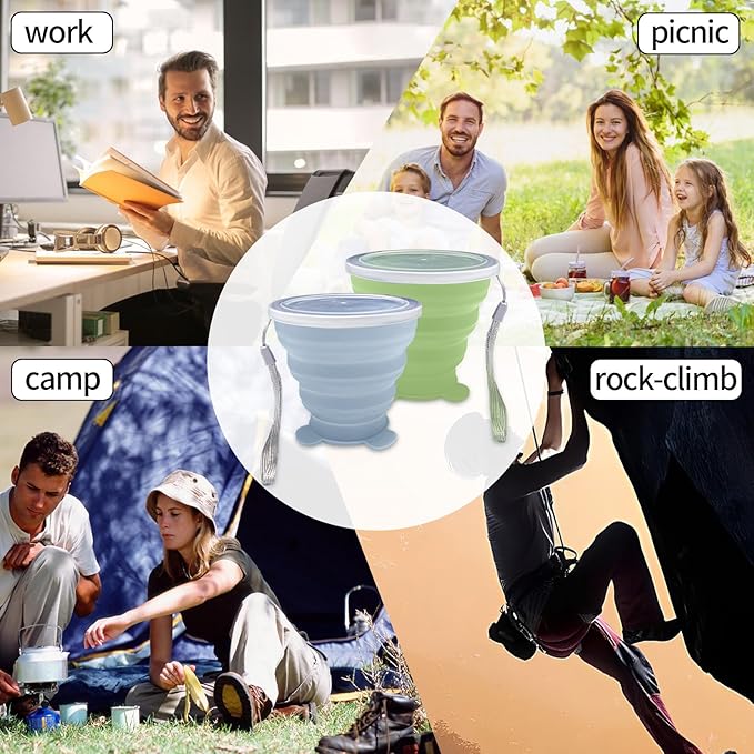 2 Pcs Collapsible Cups, Silicone Collapsible TravelCup, Expandable Folding Camping Drinking Cup with Lids Reusable Small Portable Mugs-Cup for Travel, Camping, Hiking,Outdoors (Light Blue&Green)