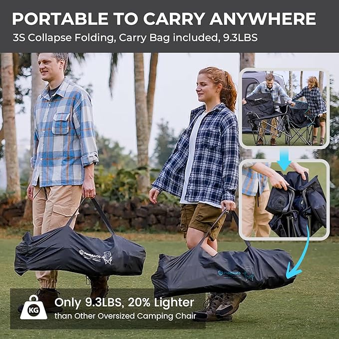 FUNDANGO Oversized Camping Chair for Adults, Heavy Duty Portable Foldable Lawn Chair with Padded Seat & Back, Lumbar Support, 4-can Cooler & Cup Holder, Carry Bag Included for Outdoor