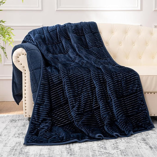 Sherpa Fleece Weighted Blanket with Ribbed Stripes for Adults, 15 lbs Dual Sided Cozy Warm Blanket for Couch Full Size Bed, Glass Beads Heavy Thick Blankets Great for Sleep, Navy Blue, 60" x 80"