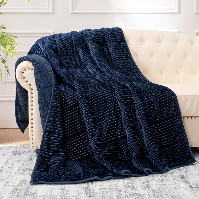 Sherpa Fleece Adult Weighted Blanket with Ribbed Stripes, 15 Pounds Dual Sided Soft Plush Blanket for Couch Bed Sofa, Heavy Thick Blankets with Glass Beads Great for Sleep, Navy Blue, 48" x 72"