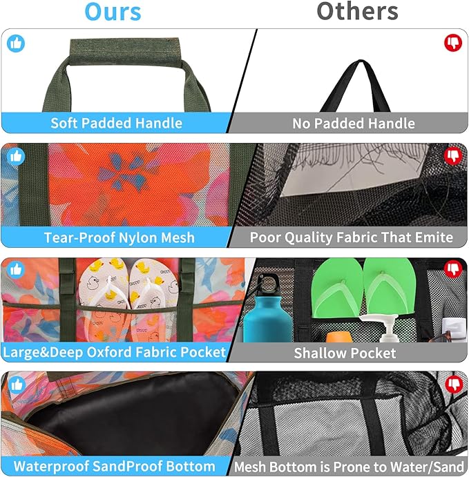 KABAQOO Mesh Beach Bag, Extra Large Beach Bags with 9 Pockets & Zipper Waterproof Lightweight Beach Tote for Beach/Pool Trip | Extra Large, 9 Pockets, Zipper, Waterproof, Lightweight, Beach/Pool Trip