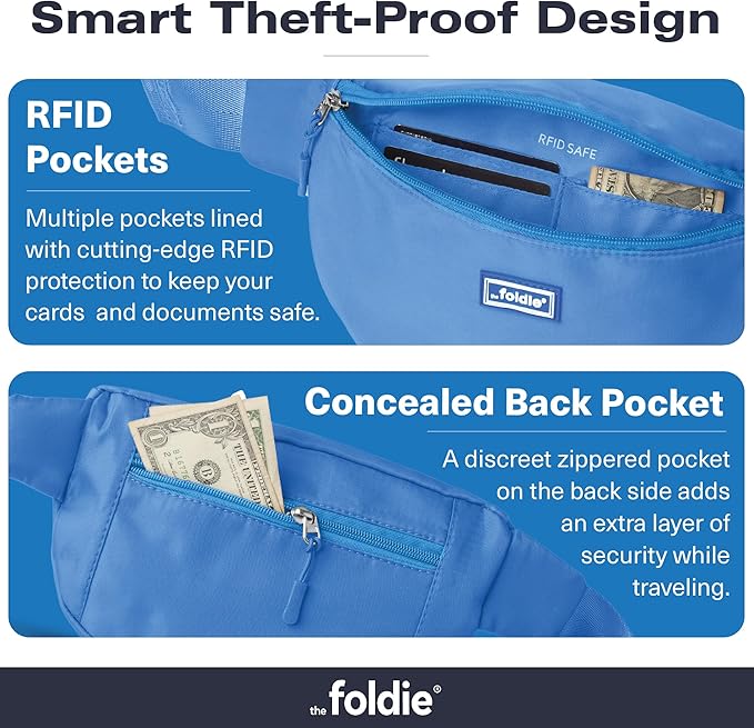 The Foldie Foldable Crossbody Bags for Women & Men - Anti-Theft RFID-Safe Fanny Pack with Smart Lockable Zippers and Cut-Resistant Strap - Lightweight Waist Pack for Travel & Everyday Use - Azure