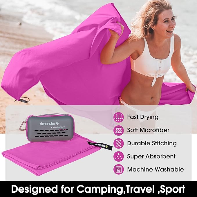 4Monster Quick Dry Travel Towel with Case & Carabiner – Super Absorbent Microfiber Gym & Camping Towel. Compact, Lightweight, Fast Drying for Beach, Swimming, Hiking, Backpacking