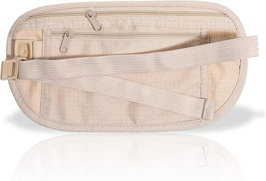Unisex Money Belt for Men and Women Khaki RFID Security Pouch Anti-Theft Travel Money Belt Under Clothes Adjustable Strap Small Waist Pouch for Travel Running Hiking Cycling