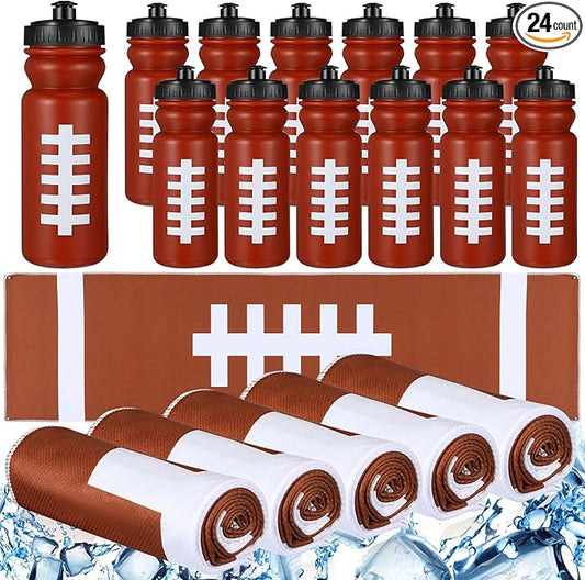 24 Pcs Sport Party Favors Include 12 Pcs 20 oz Plastic Soccer Football Basketball Water Bottles Bulk 12 Pcs 40"x12" Softball Baseball Cooling Towels for Soccer Sport Team Gift