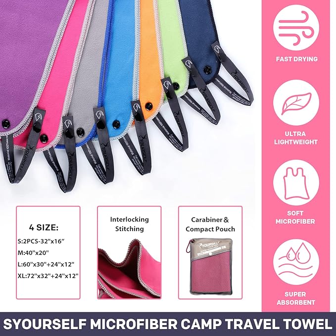 SYOURSELF 2 Pack Microfiber Towel, Quick Dry Towel Travel Towel, Super Absorbent Compact Camping Towel Large Beach Towel Oversized Sport Towel for Backpacking Pool Workout Bath(XL:72"x32"+12"x24")