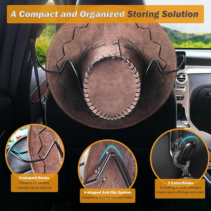 Cowboy Hat Holder Rack for Truck Car SUV (Maintain Hat Shape & Anti-Flip) Hard Hats Hanger Rack Automotive Travel Seat Back Storage Organizer Gifts Accessories for Men Women - Suitable for Most Hats