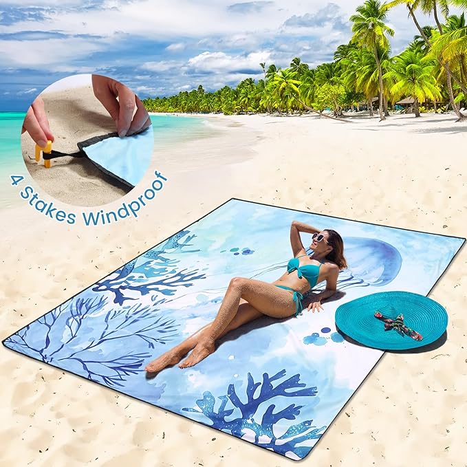 Beach Blanket Waterproof Sandproof Beach Mat for 1-8 Adults Quick Drying Durable Outdoor Picnic Mat for Beach Festival Travel Camping Hiking (Jellyfish, 79"×83"(4 Person))