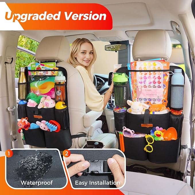 SURDOCA Upgraded Car Organizer with 11-inch Tablet Holder, 8 Pockets, Car Seat Protector for Road Trips - Car Storage and Organizers for Kids, Grey 2PC