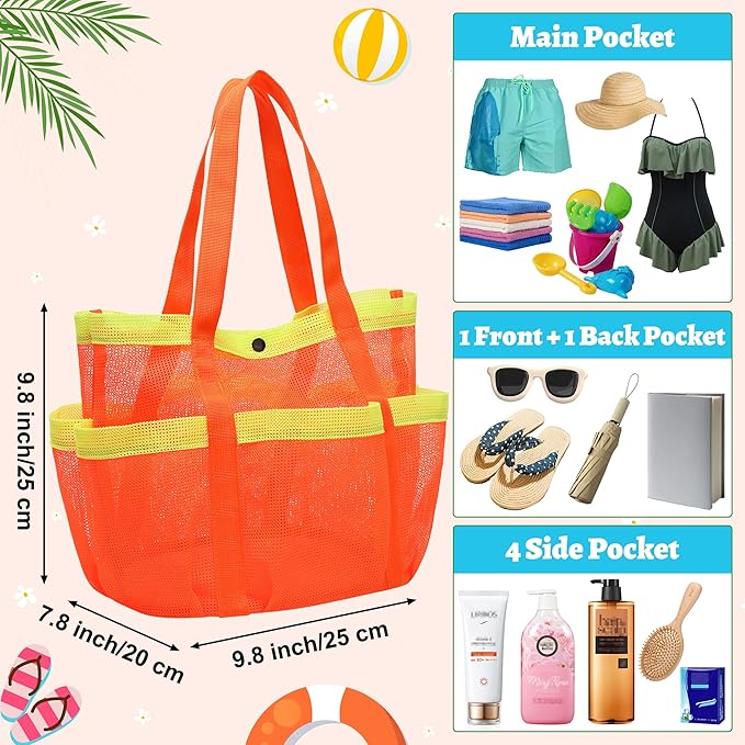 Mesh Beach Bag, Foldable Waterproof Sandproof Beach Storage Tote with 6 Pockets, Swim Tropical Vacation Pool Essential