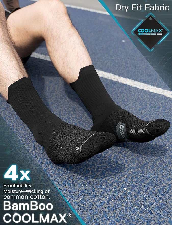 Compression Running Socks, Bamboo Viscose Coolmax Moisture-Wicking Anti-Blister Athletic Hiking Workout Gym Padded